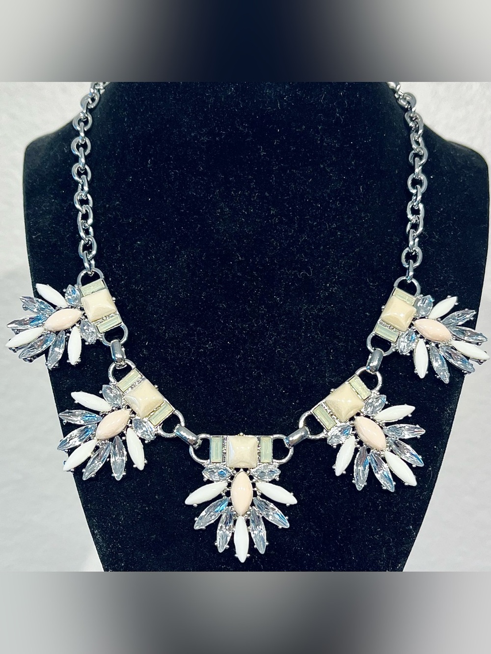RW&CO. Silver Statement Floral Cluster Necklace with Cream and Clear Crystals